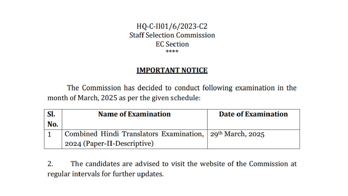 SSC JHT 2024 Paper 2 Date Notice 