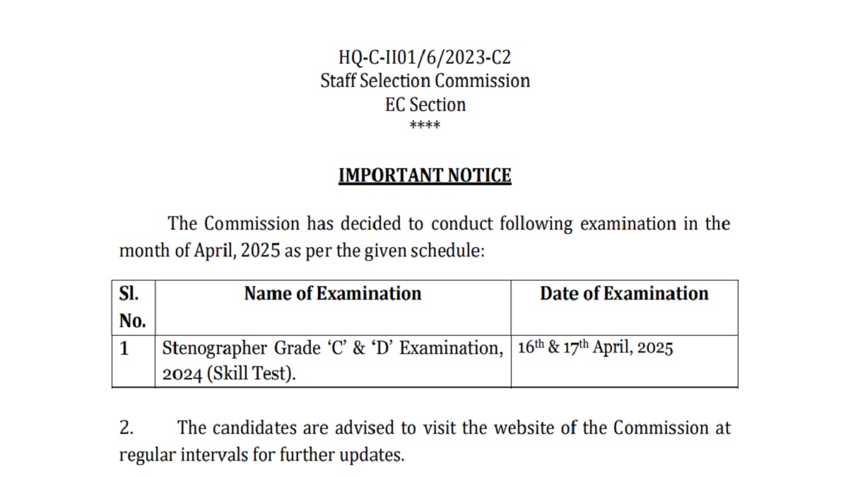 SSC Stenographer Skill Test 2024 Dates Notice