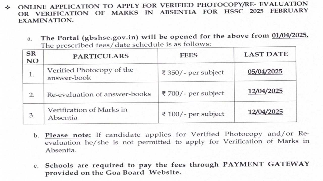 Goa HSSC Re-evaluation and Photocopy of answer sheet 2025