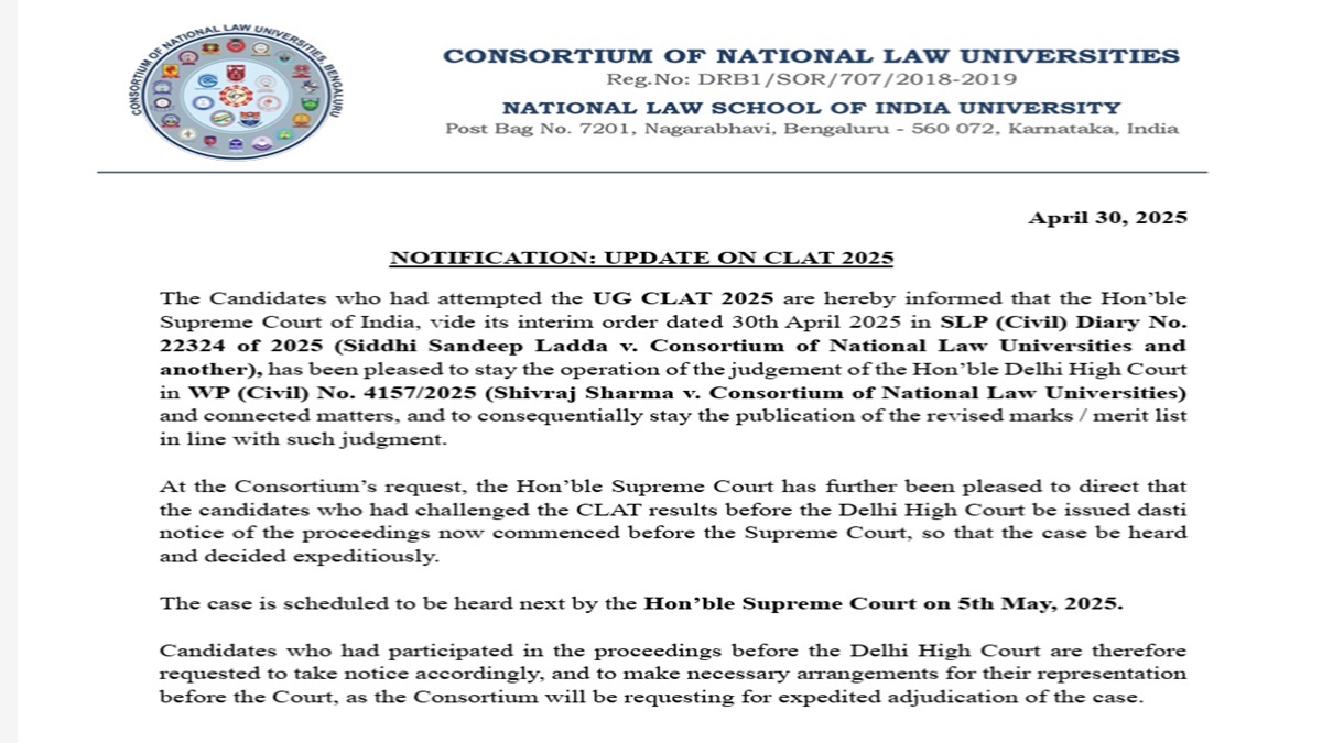 CLAT 2025 Result Hearing On May 5 in SC; Consortium Releases Important Notice