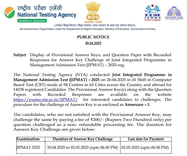 JIPMAT Answer Key 2025