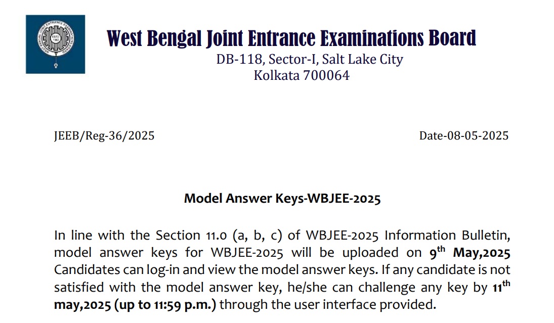 WBJEE Answer Key Release Date Notice