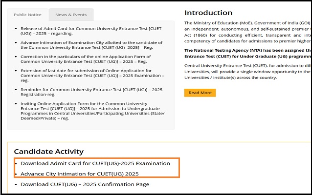 CUET UG City Slip and Admit Card
