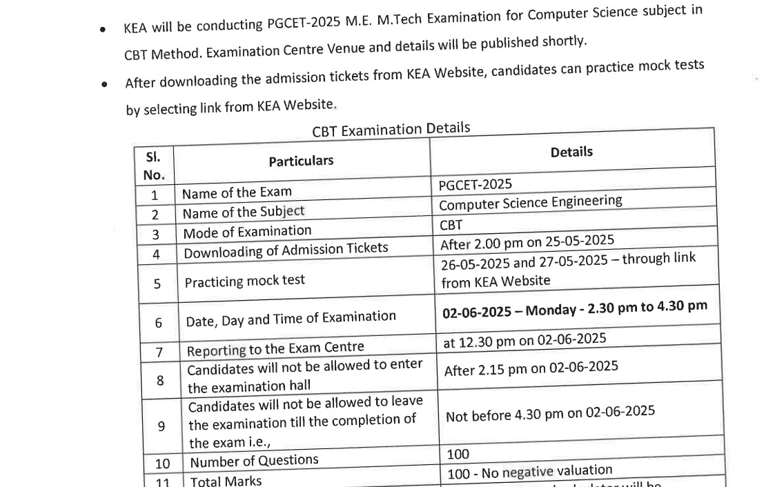 Karnataka PGCET 2025 CSE Notice PDF
