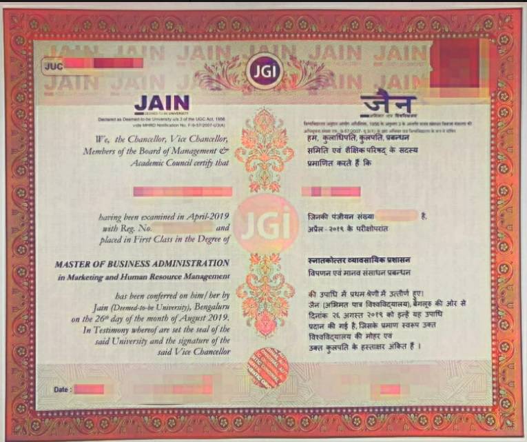 Jain University sample certificate