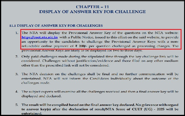 CUET 2025 Answer Key Challenge Fee