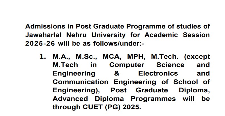 JNU PG CUET Accepting Courses