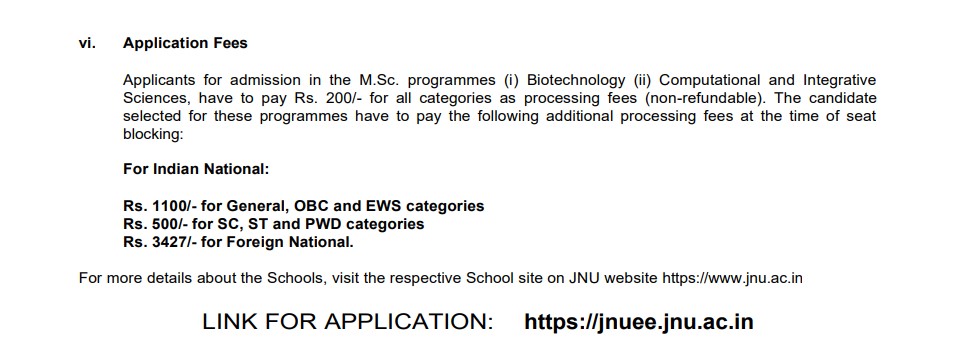 JNU MSc Application Fees