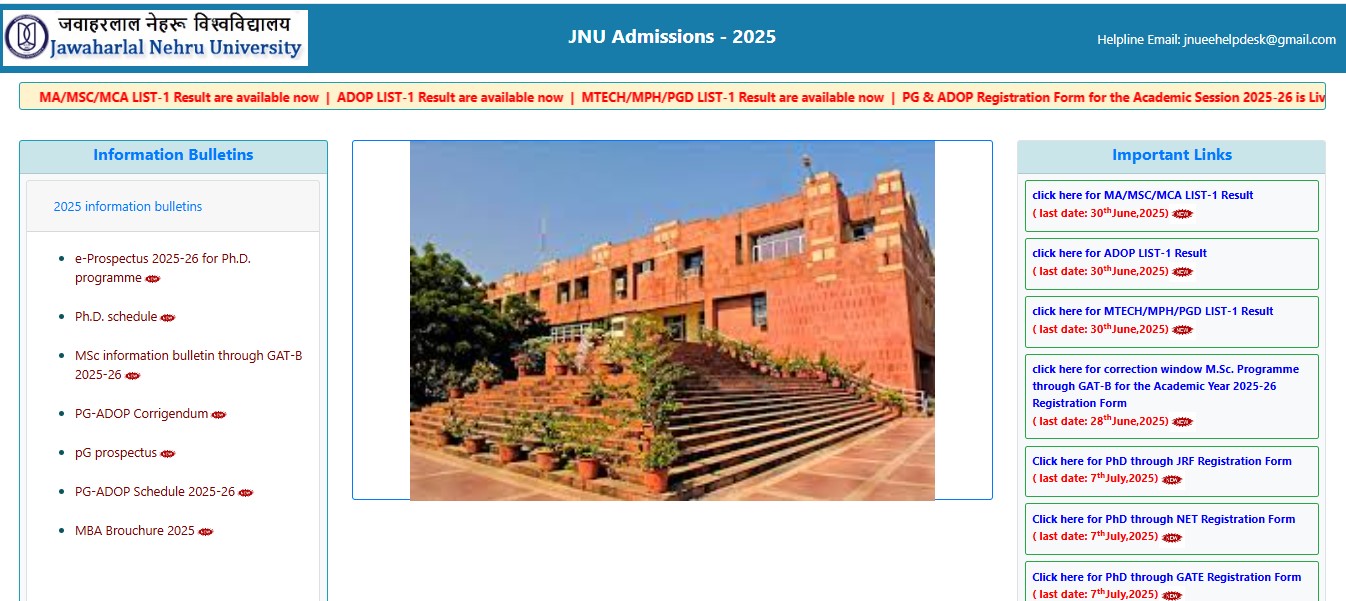 JNU PG Admission 2025 Homepage
