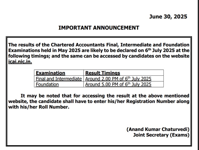 CA exam result notification May 2025