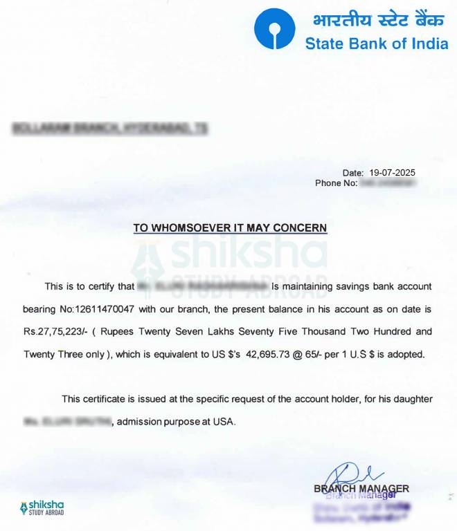 sample bank letter for us study visa