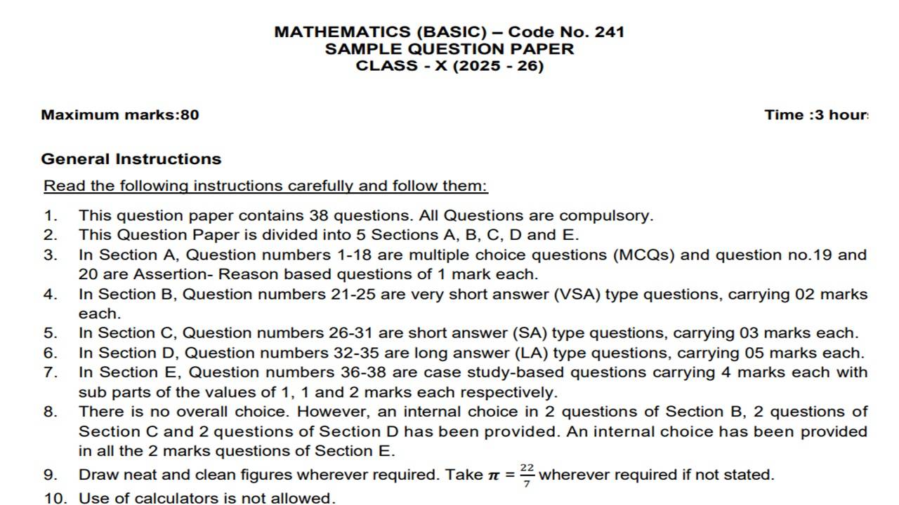 CBSE 10 Class Maths sample paper 2025-26