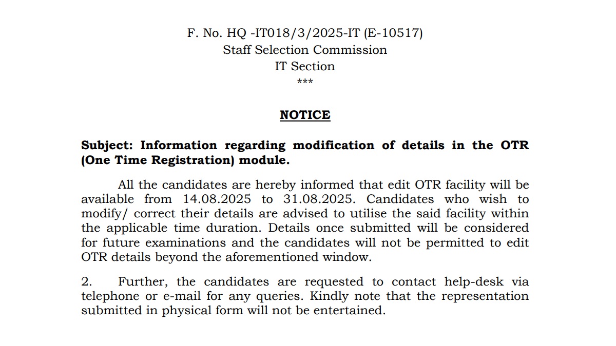 SSC OTR Edit Facility Reopens Tomorrow