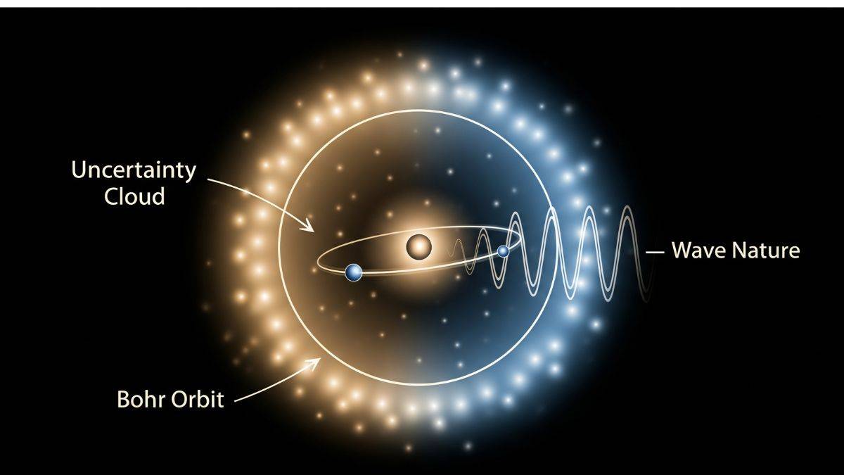 Atomic model showing Bohr orbit, wave nature, and uncertainty cloud.