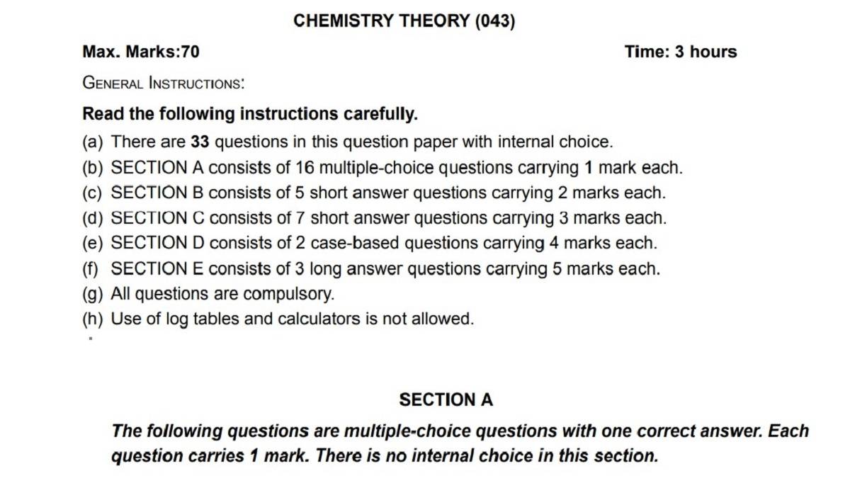 CBSE Class 12 Chemistry Model Paper 2025-26