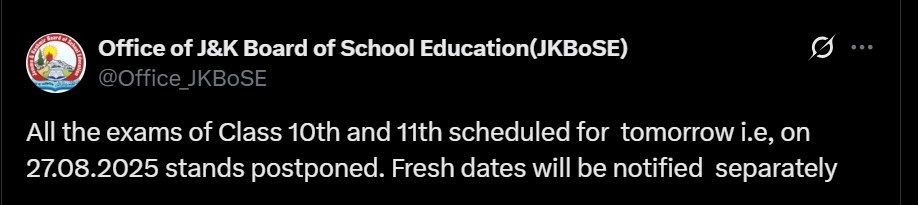 JKBOSE Class 10, 11 Exam 2025 Postponement Tweet