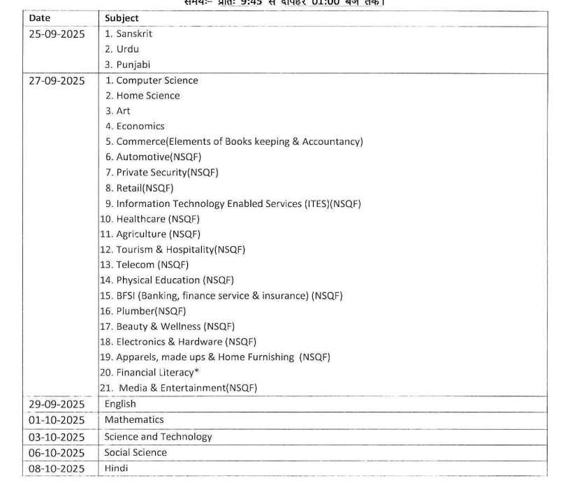 HPSOS Date sheet 2025 class 10