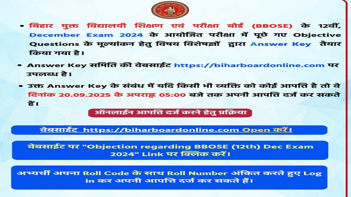 BBOSE Class 12 Dec Answer Key 2024 Objection Window