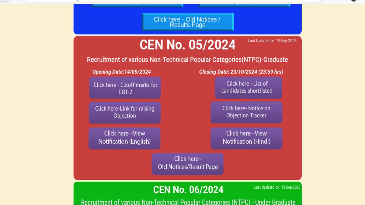 RRB N TPC Graduate Level CBT 1 Result 2025 Announced