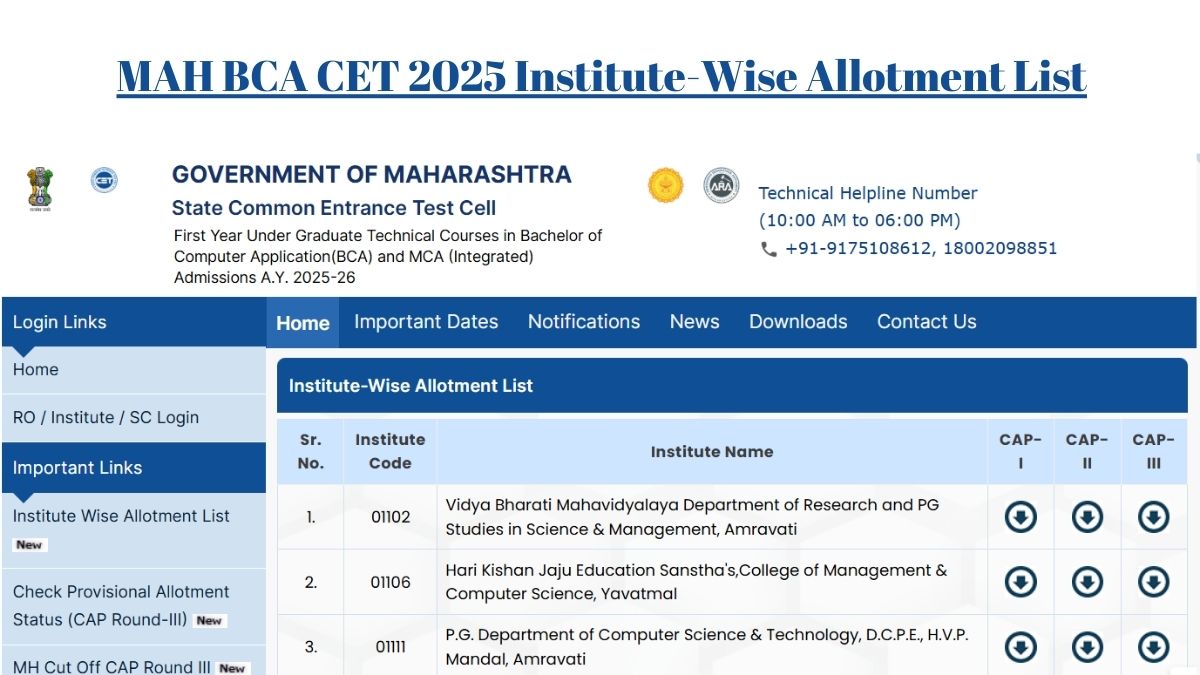 MAH BCA CET 2025 Institute-Wise Allotment List