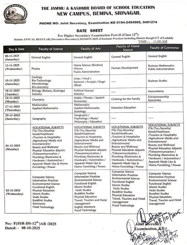 JKBOSE 12th datesheet