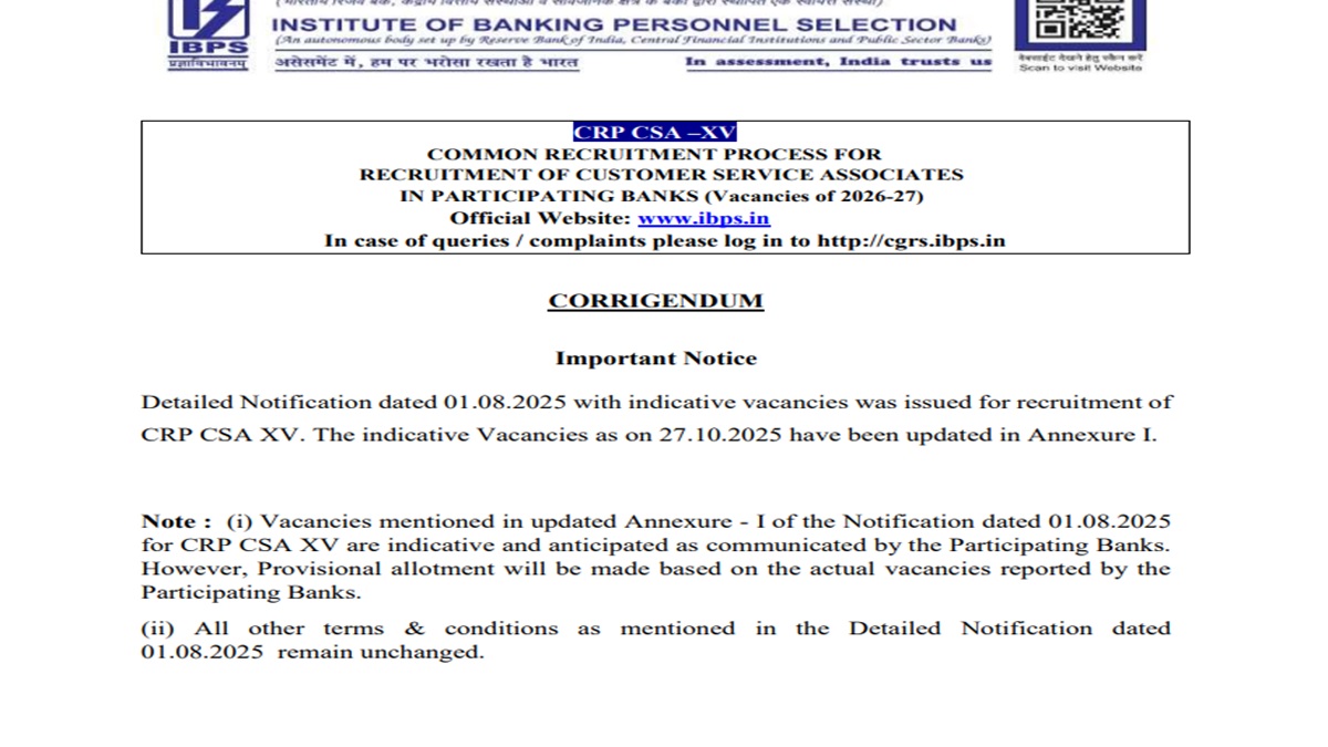 IBPS Clerk Vacancies Revised