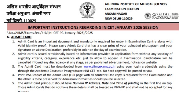 INI CET Admit Card 2026 Live