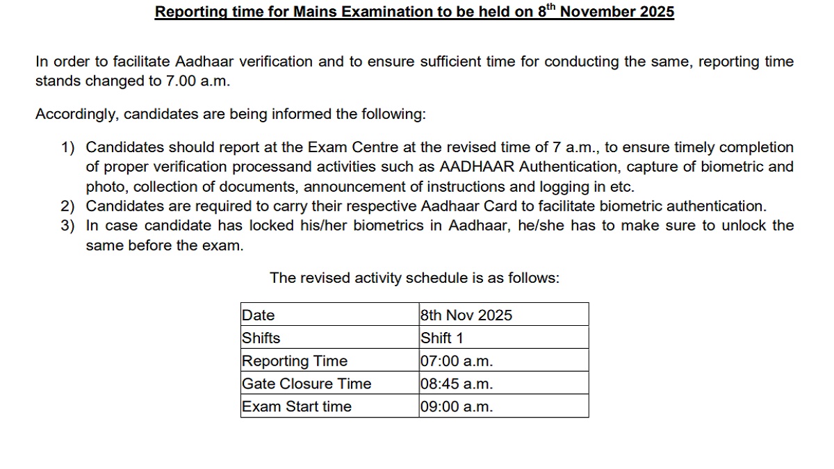 LIC AAO Mains 2025 Shift 1 Reporting Time Changed