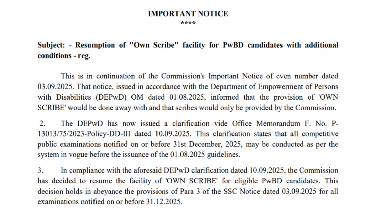 SSC Restores Own-Scribe Facility for PwBD Candidates