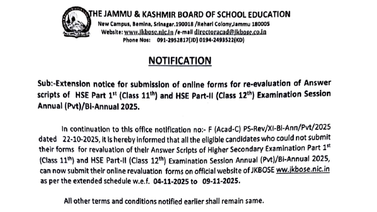 JKBOSE Extends Deadline for Re-evaluation Form Submission