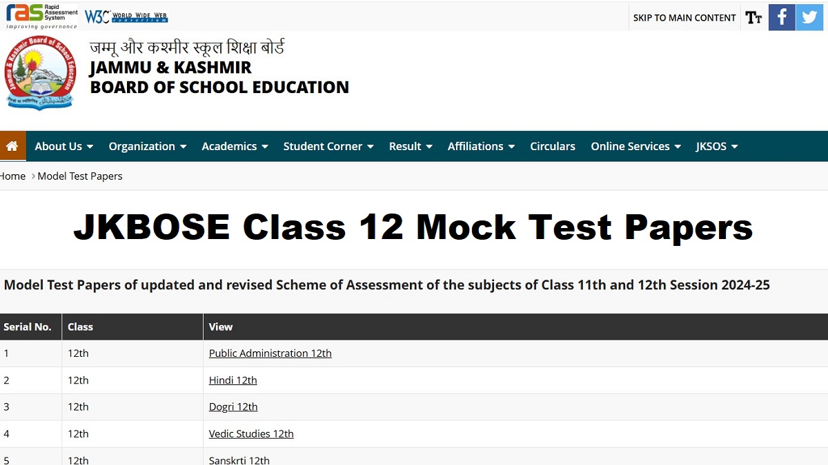 JKBOSE Class 12 Model Question Paper 2026 