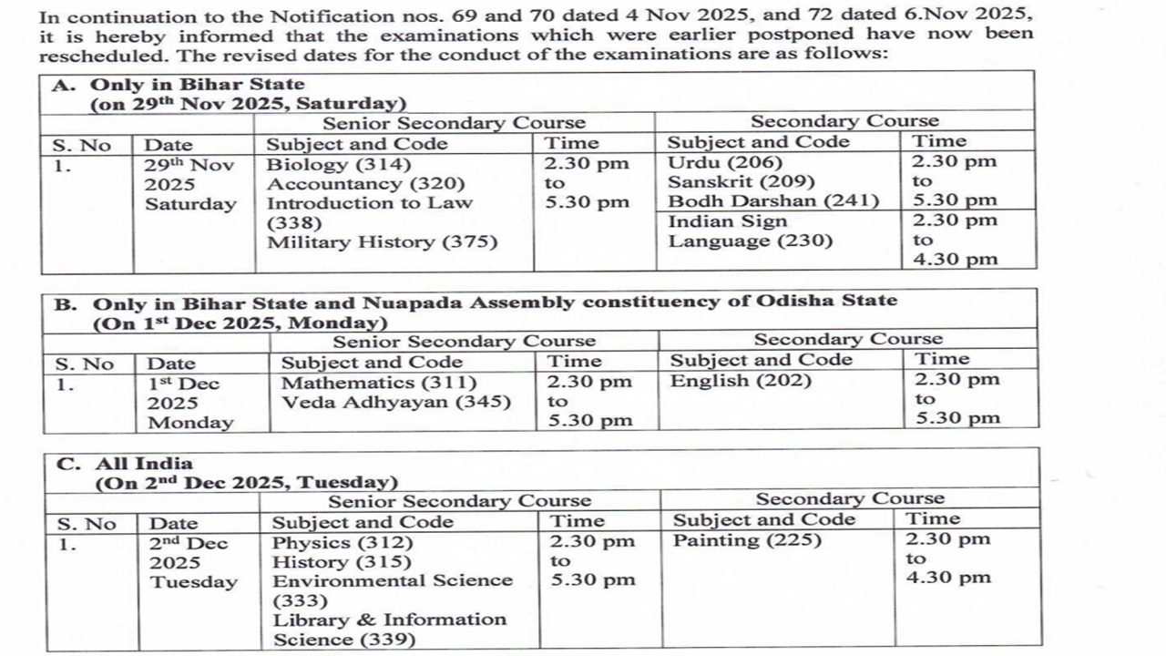 NIOS Time table 2025 Revised