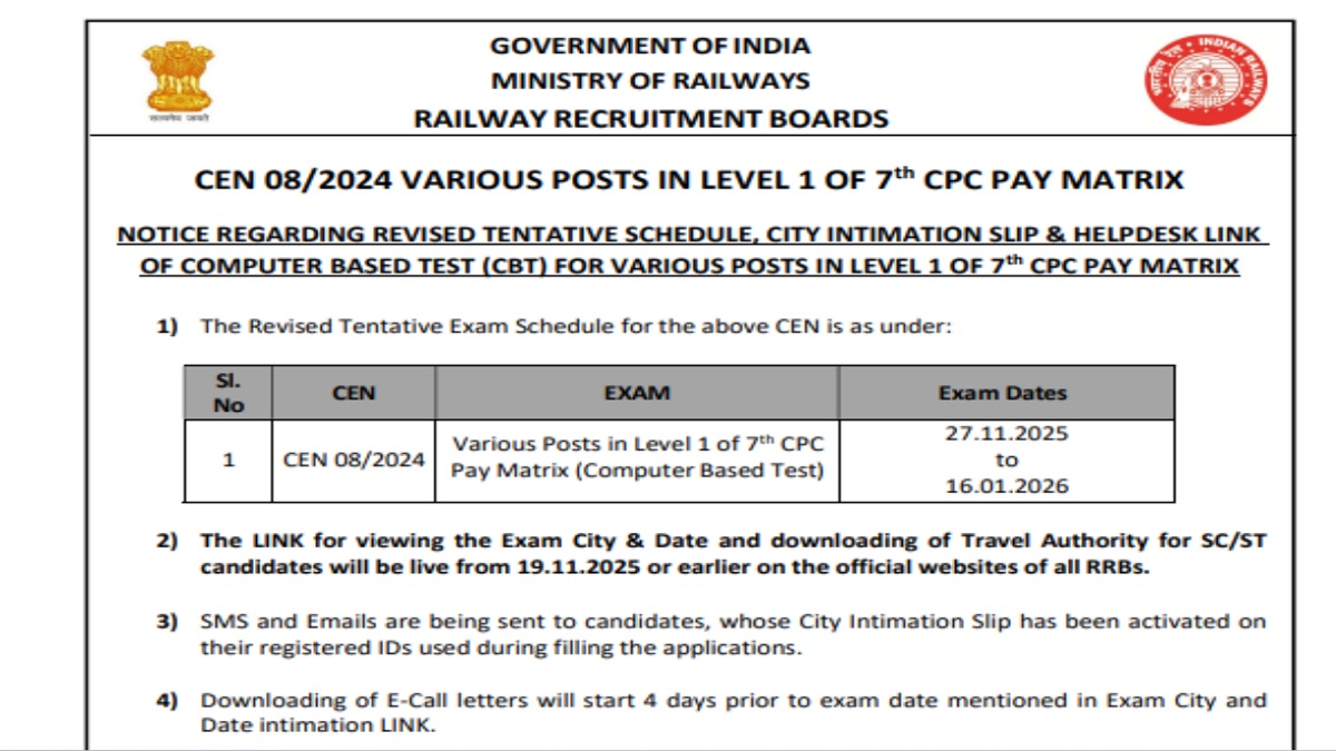 RRB Group D 2025 Revised Exam Dates OUT