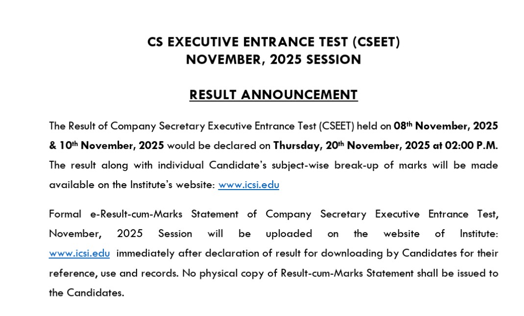 CSEET Result Nov 2025 Date