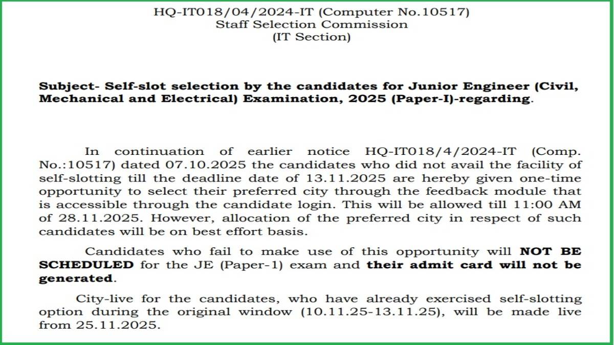 SSC JE 2025 Self Slot Booking Window Reopened