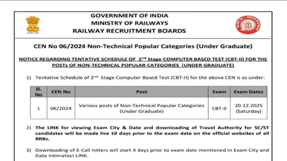 RRB NTPC UG Exam Date 2025 Announced