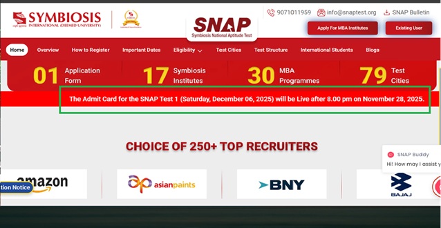 SNAP 2025 admit card to release after 8 pm