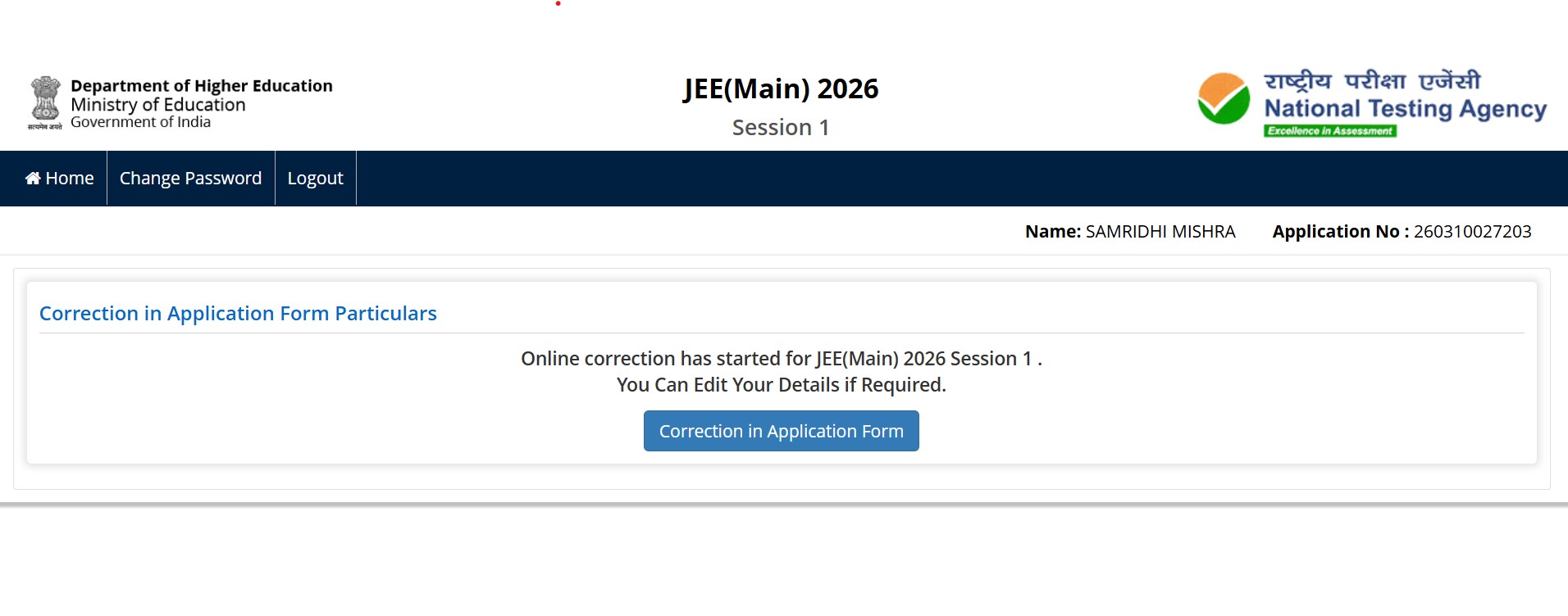 JEE Main 2026 form correction window
