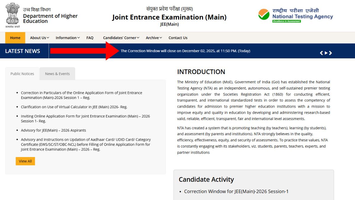 JEE Main 2026 Correction Facility