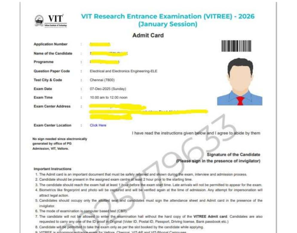 VITREE Admit Card