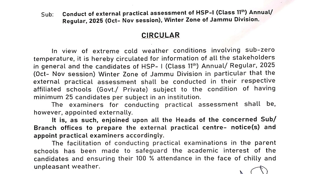 JKBOSE Class 11 Oct-Nov Practical Exams 2025 Update