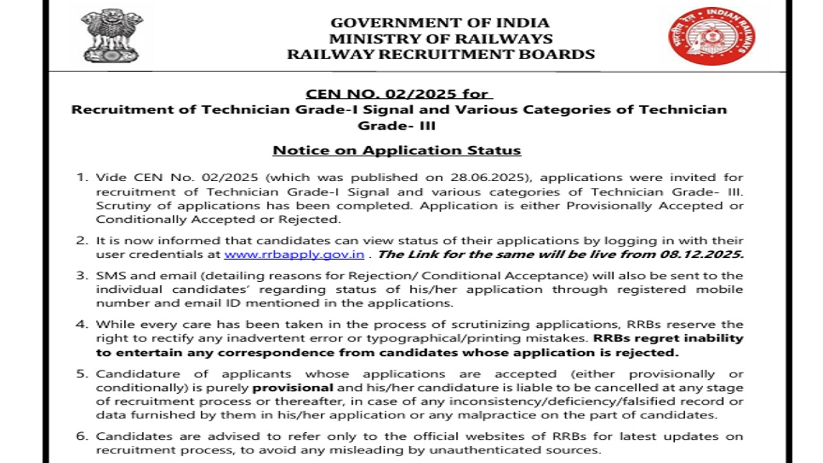 RRB Technician 02/2025 Application Status Link