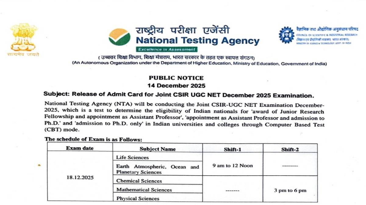 CSIR NET 2025 Dec session exam timings