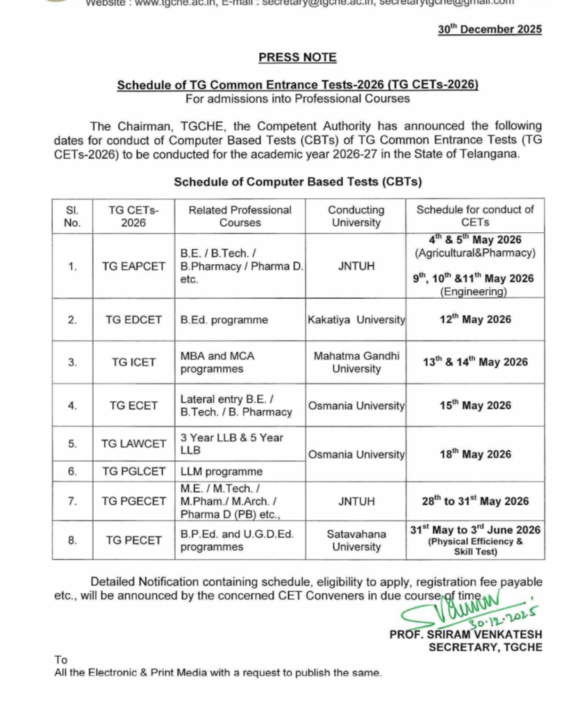 TG PGECET 2026 Exam Dates
