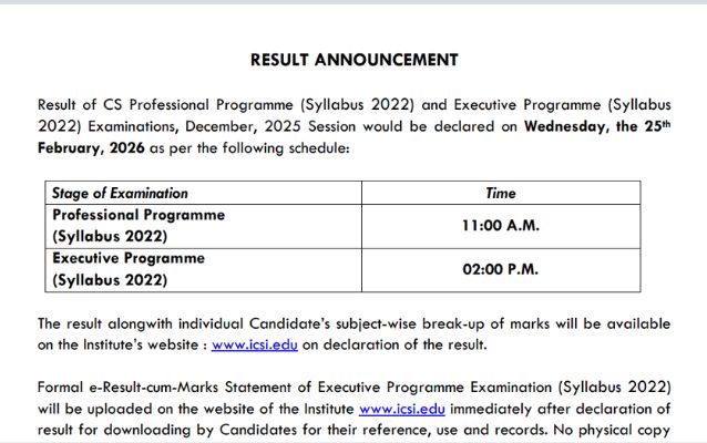 ICSI CS Dec Result Date & Time 2025