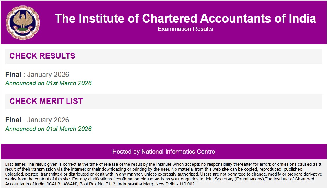 CA Result for Inter and Foundation Jan 2026
