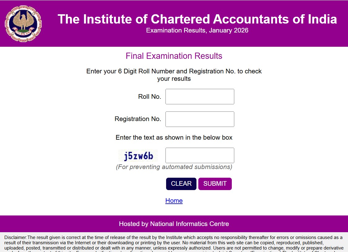 CA Result Login Window
