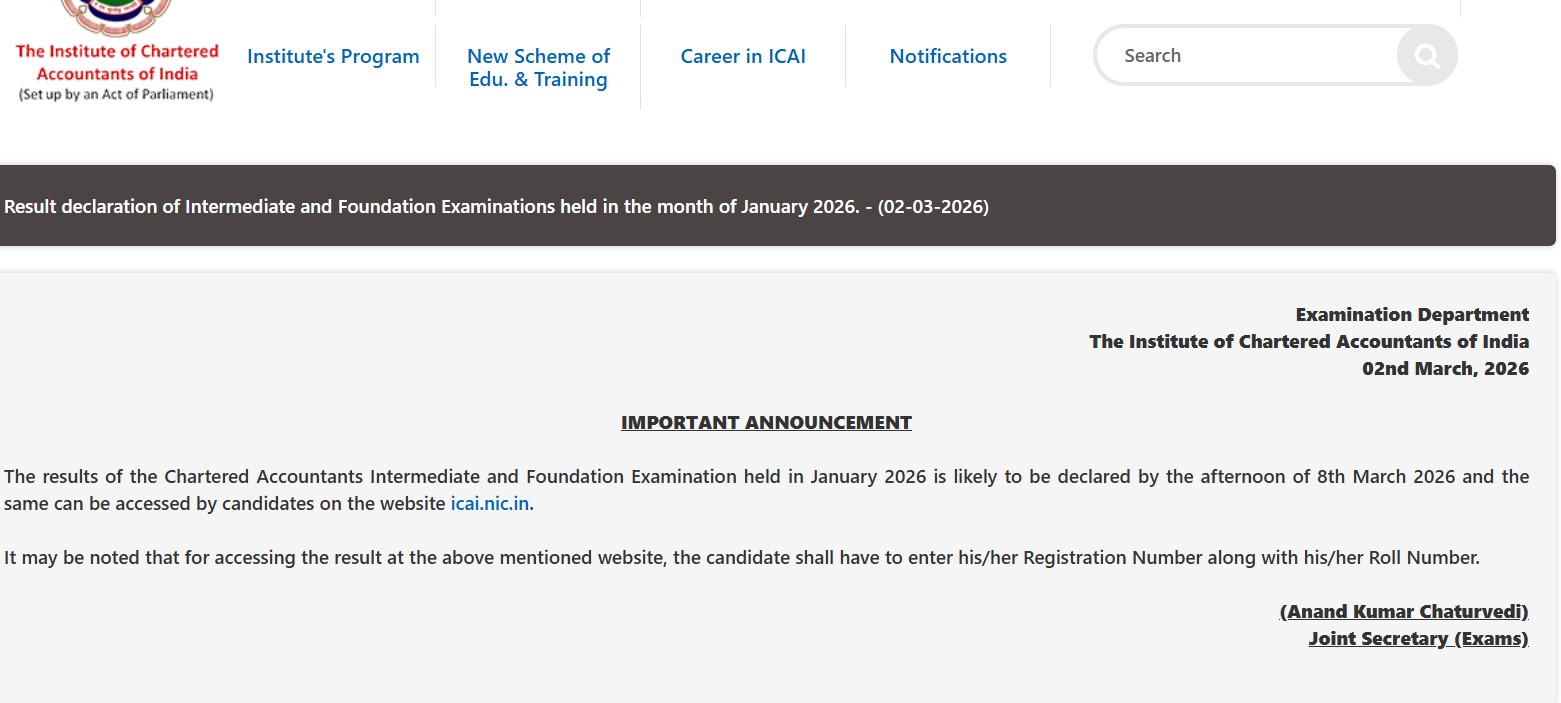 ICAI CA January 2026 Result for Inter, Foundation