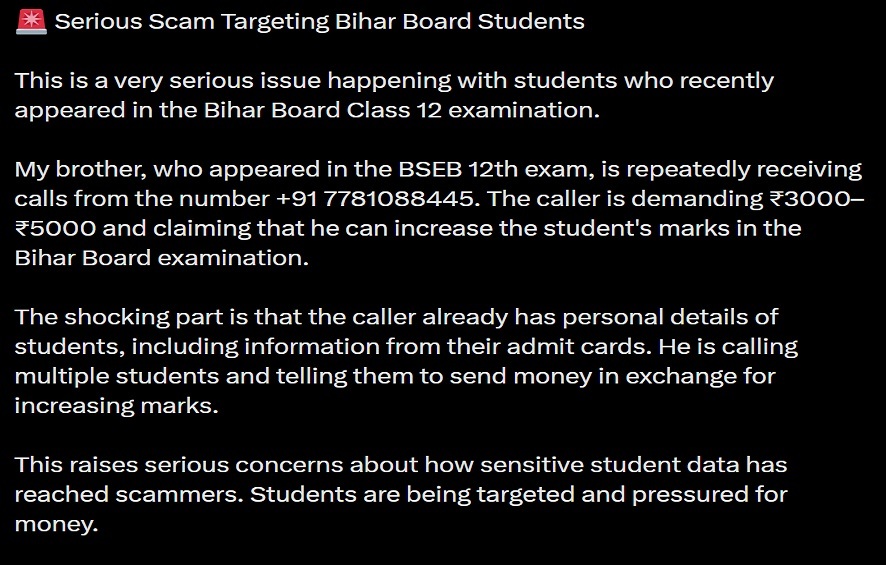 User on X Warns Students About Fraud Calls Over BSEB Marks Increase