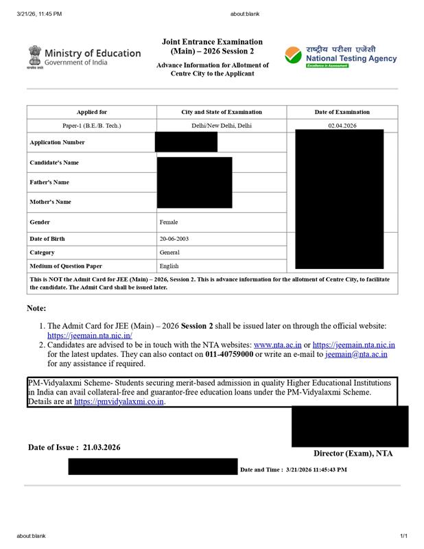 JEE Main 2026 city slip session 2